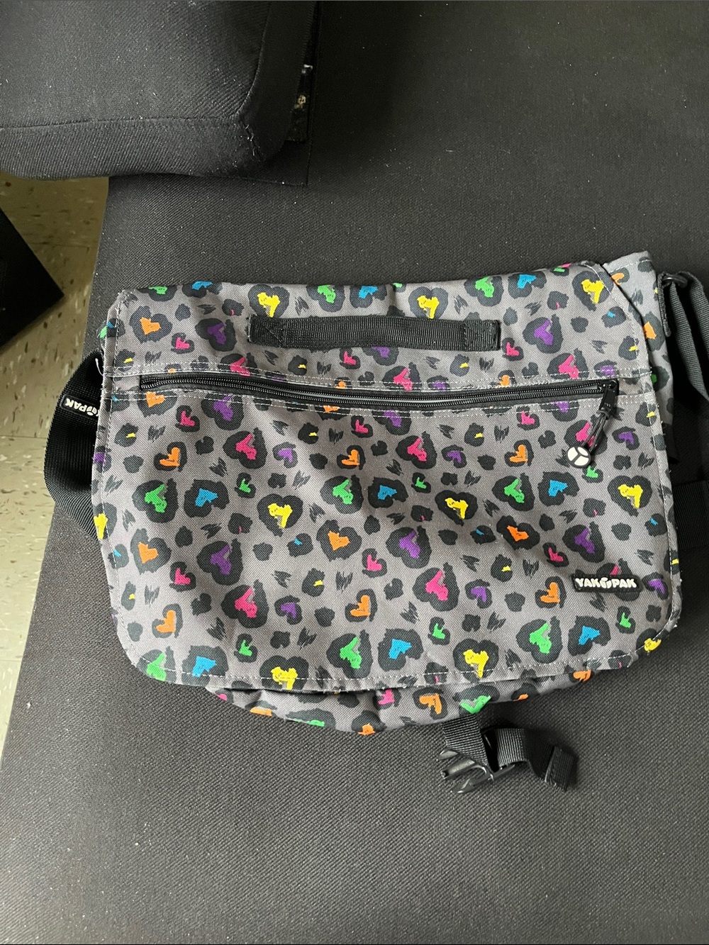 Yak Pak Gray Crossbody Messenger Bag with Multicolor Heart Print